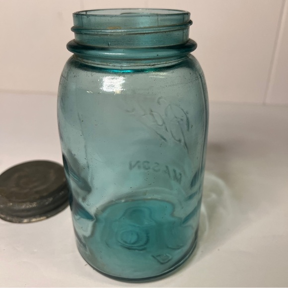 VINTAGE BALL 1910-1923 MASON JAR - BLUE  - QUART - ZINC LID - Picture 10 of 16